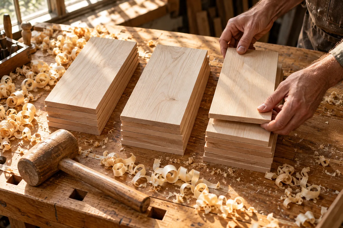 Mains qui trient des planchettes de bois en piles sur un établi de menuiserie couvert de copeaux