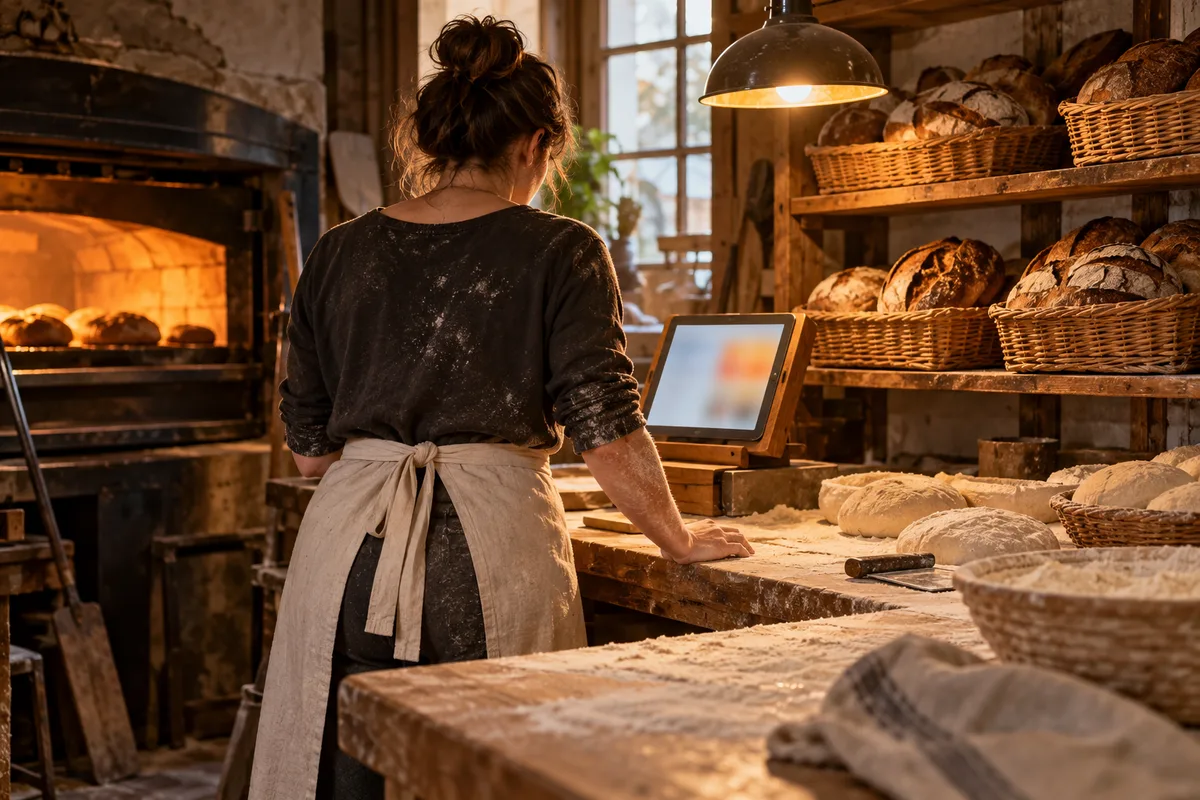 Personne vue de dos dans le fournil d&rsquo;une boulangerie, devant une tablette posée sur un support en bois près de corbeilles de pains
