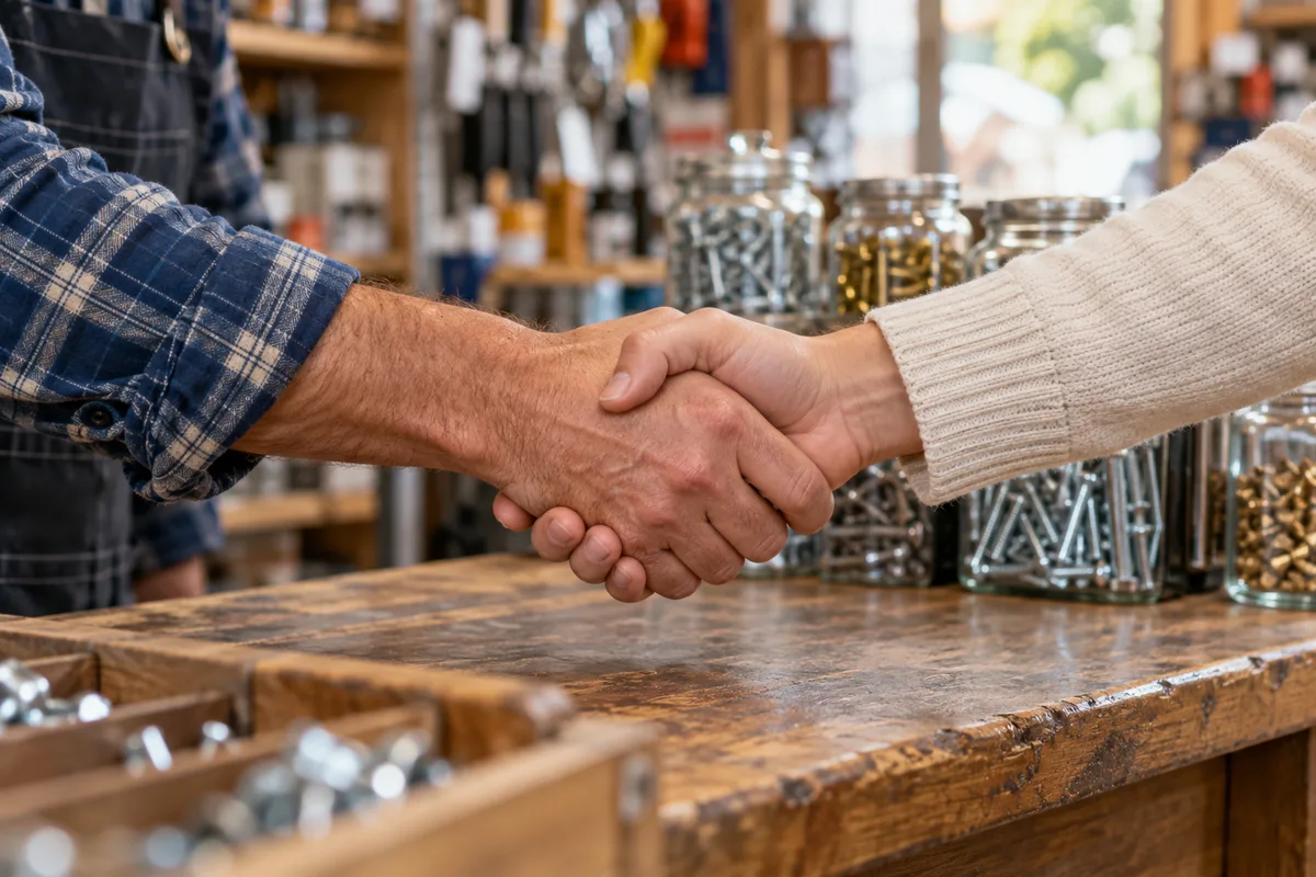 Poignée de main au-dessus du comptoir en chêne d&rsquo;une quincaillerie, bocaux de vis flous en arrière-plan