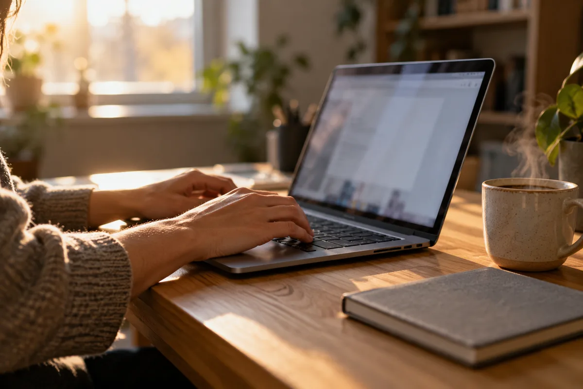 Mains qui tapent sur le clavier d&rsquo;un ordinateur portable à côté d&rsquo;une tasse et d&rsquo;un carnet fermé, lumière du matin