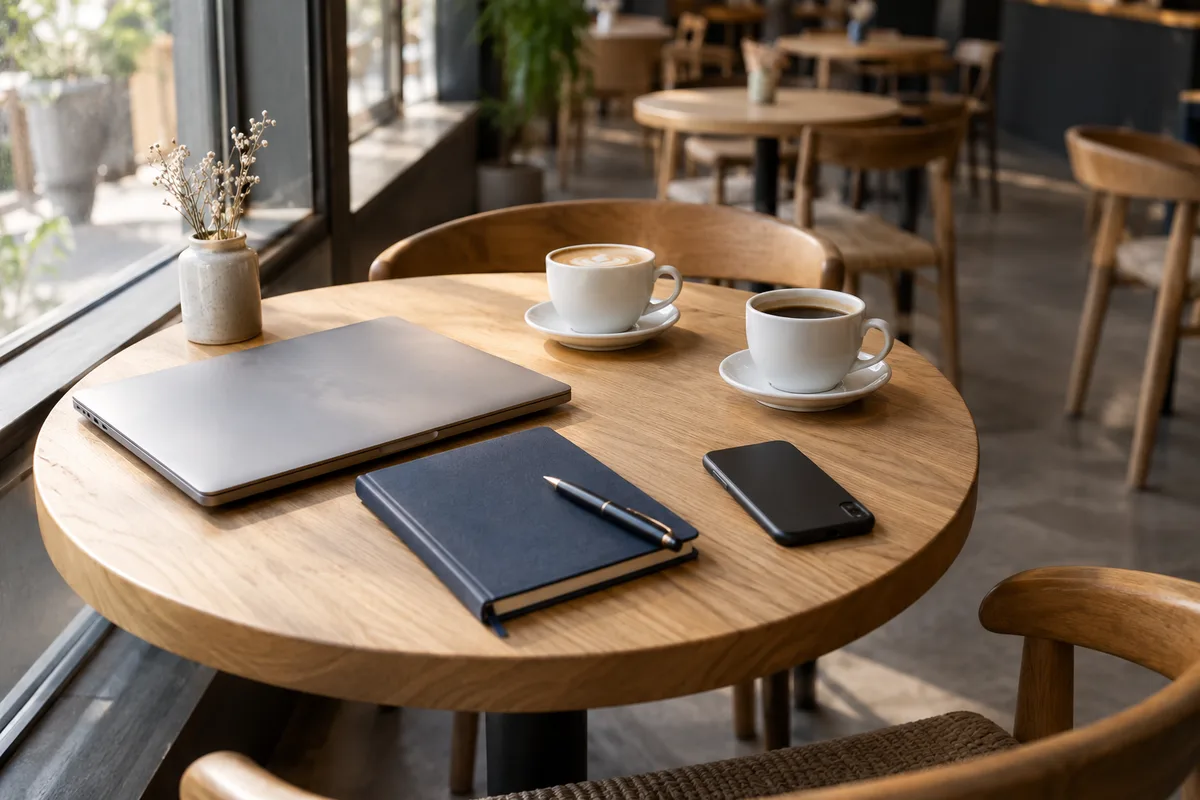 Table de café avec un ordinateur portable fermé, un carnet fermé et un téléphone posé face contre la table
