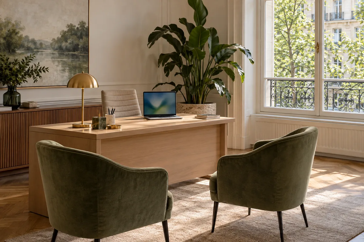 Bureau d&rsquo;une petite agence immobilière avec ordinateur portable ouvert, fauteuils en velours et plante verte