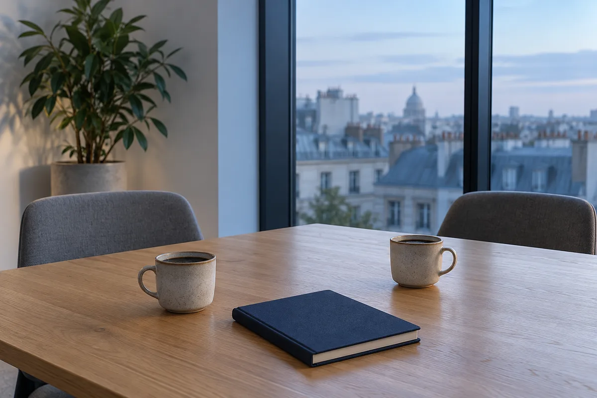 Salle de réunion vide au petit matin, deux tasses de café et un carnet fermé sur une table en chêne clair