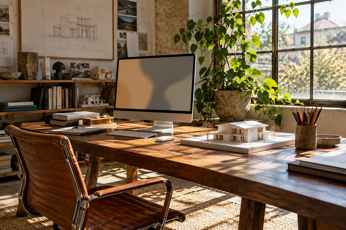 Table de travail d&rsquo;un petit cabinet d&rsquo;architecte avec écran allumé et maquette en carton blanc