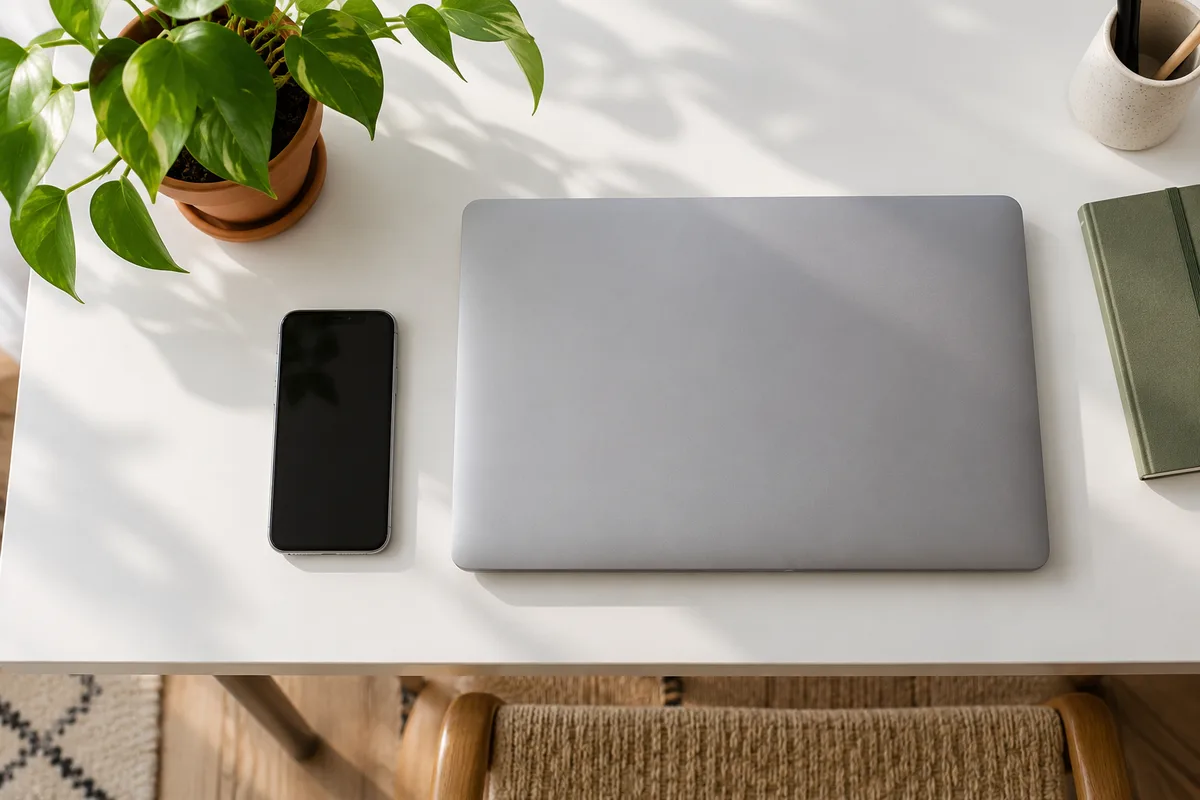 Smartphone à l&rsquo;écran éteint posé près d&rsquo;un ordinateur portable fermé sur un bureau blanc