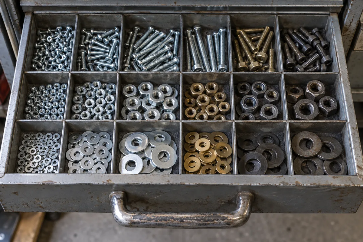 Tiroir d’atelier ouvert avec des pièces métalliques rangées par taille