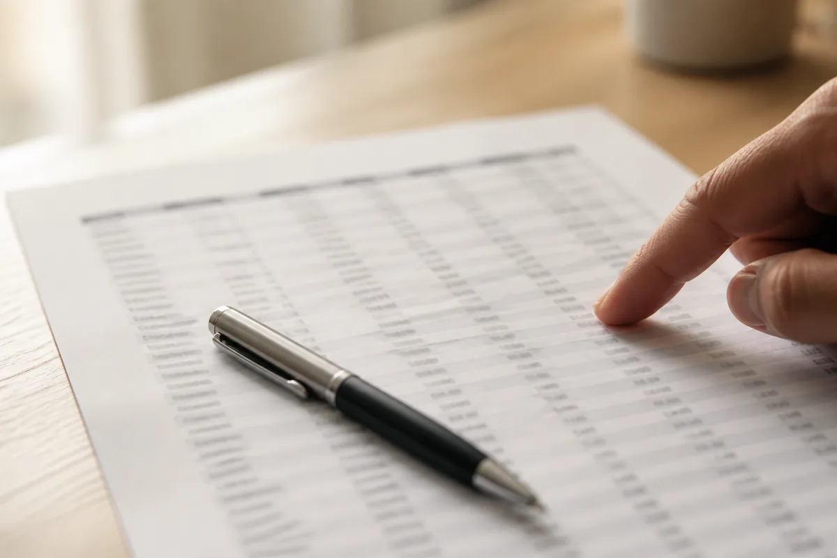 Feuille de calcul détaillant des postes de dépense sur un bureau en bois clair