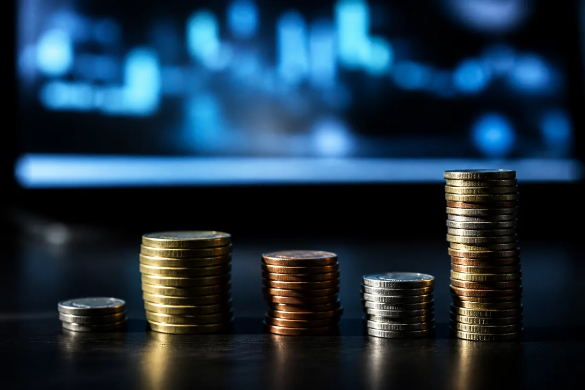 Piles de pièces de monnaie de hauteurs inégales devant un écran flou