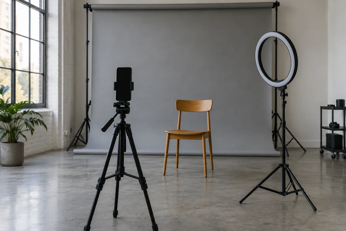 Studio vertical vide avec trépied, anneau lumineux éteint et fond gris uni