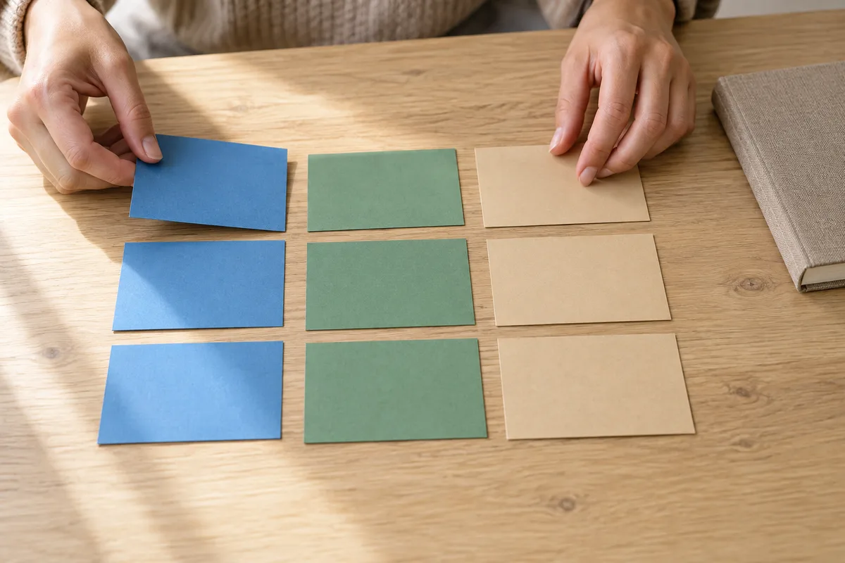 Mains posant des fiches cartonnées de couleur unie sur une table de bureau