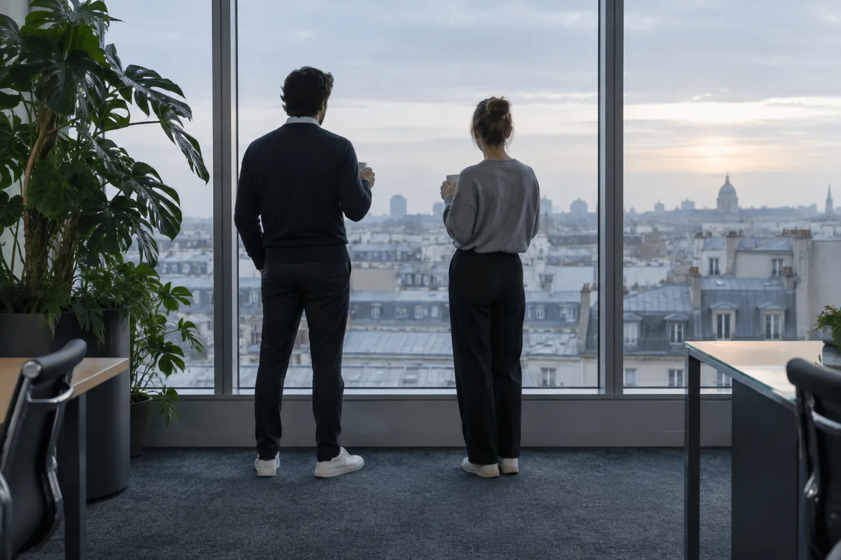 Deux personnes de dos devant une baie vitrée de bureau au petit matin