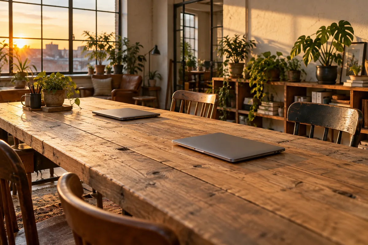 Atelier de développement vide avec chaises en bois et plantes vertes