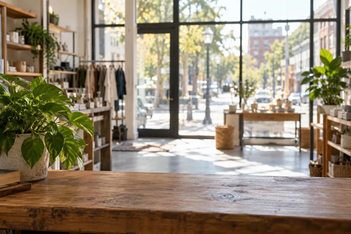 Intérieur vide d’une boutique de centre-ville vu depuis le comptoir en bois, vitrine sur une rue ensoleillée