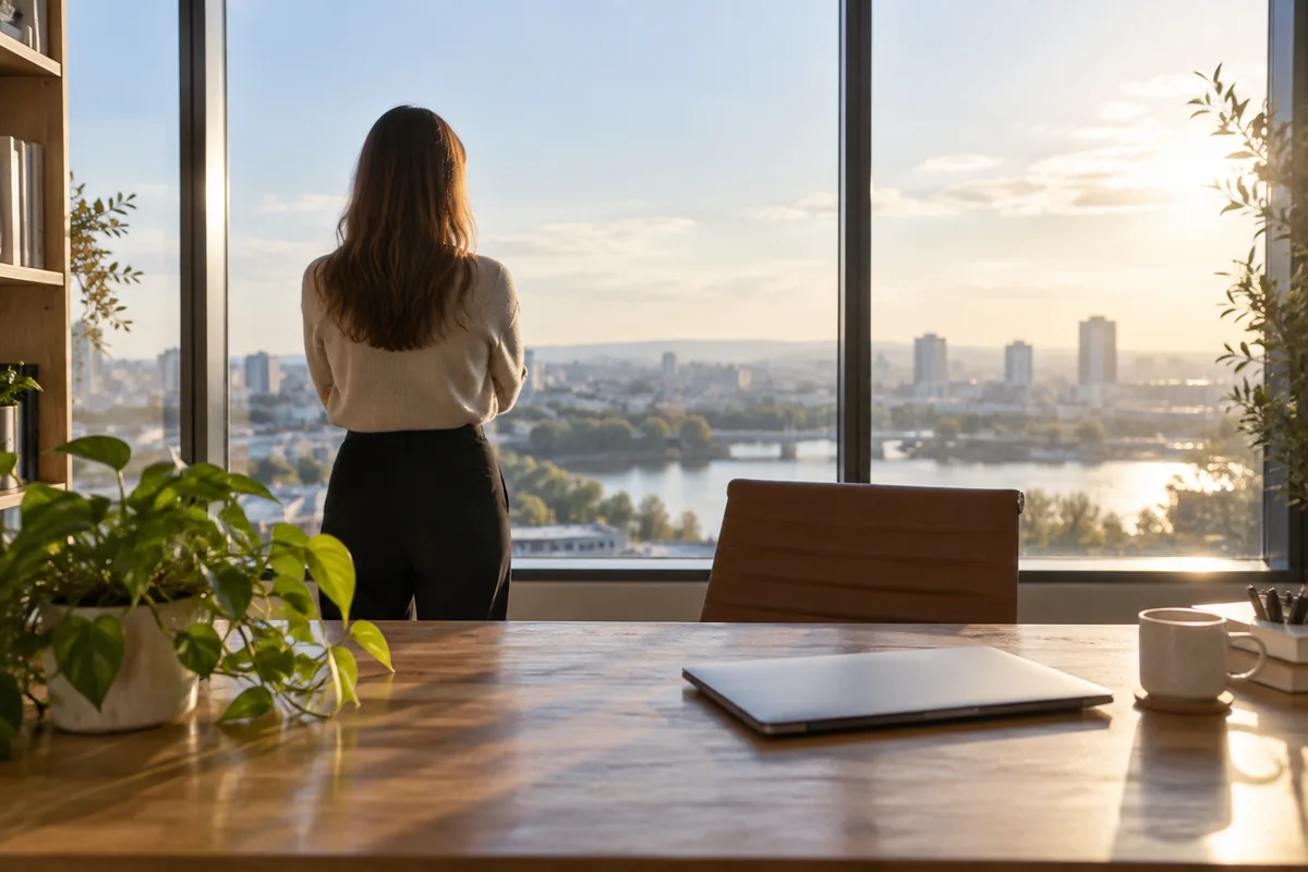 Personne vue de dos devant une grande fenêtre dans un bureau clair, ordinateur portable fermé sur la table