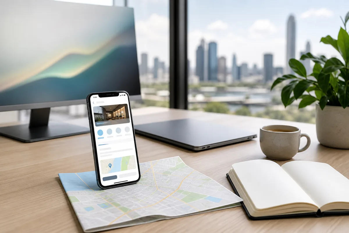 Fiche d&rsquo;établissement affichée sur un téléphone à côté d&rsquo;une carte